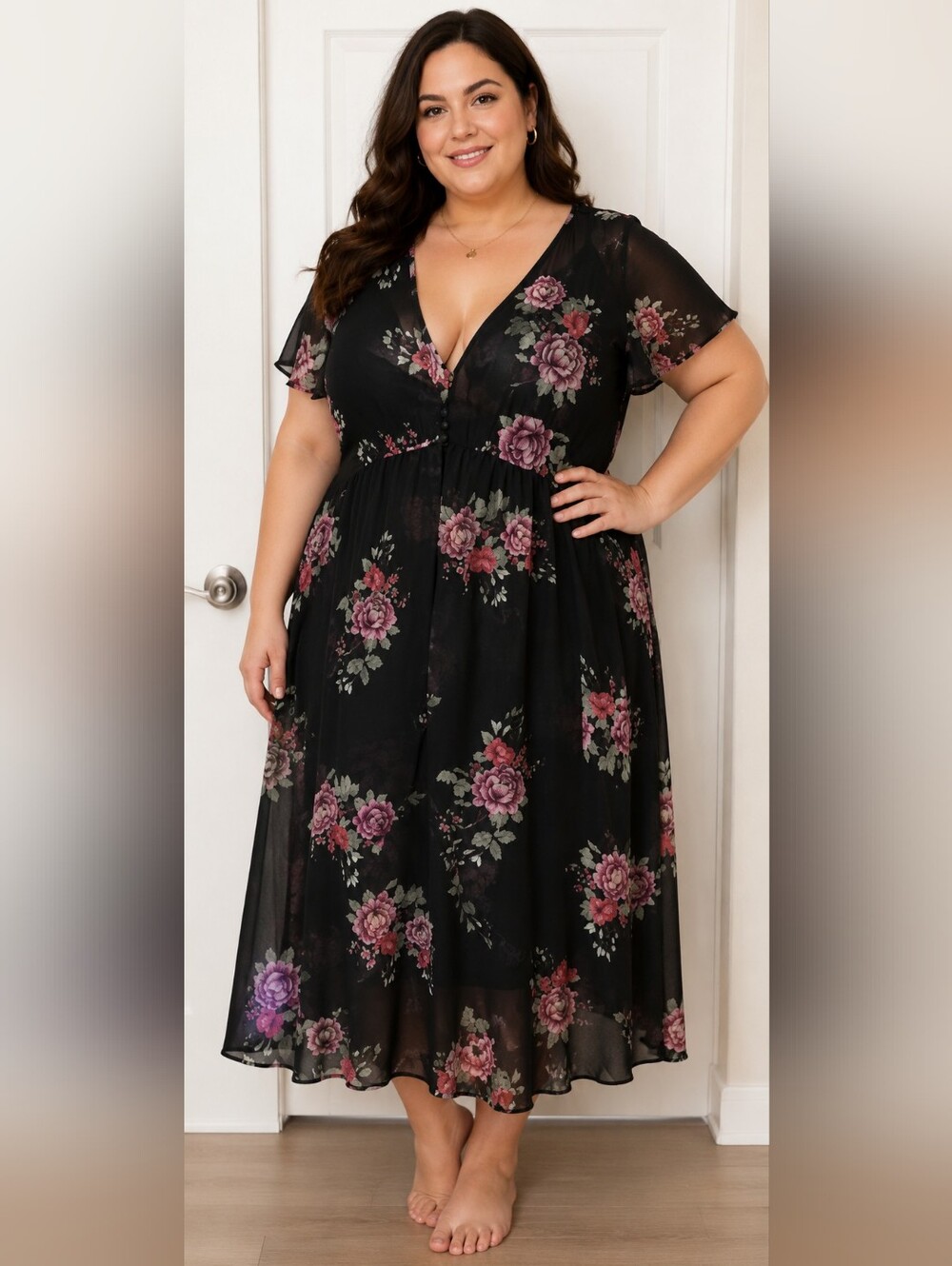 Sheer Black Floral Long Dress Size XL Cover Up Fairy Whimsigoth Festival